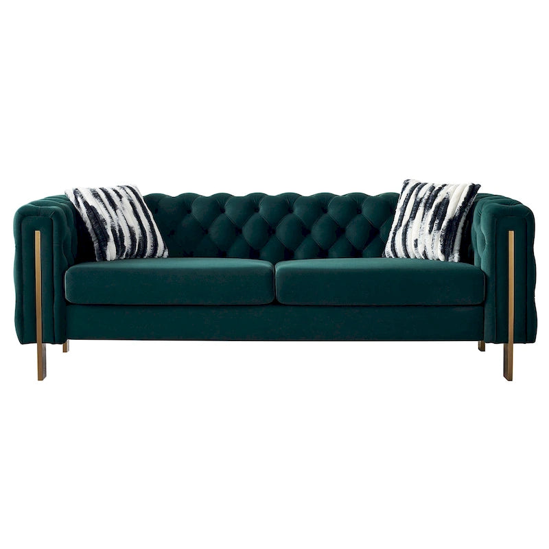 Canapé Chesterfield capitonné en velours avec pieds en métal doré
