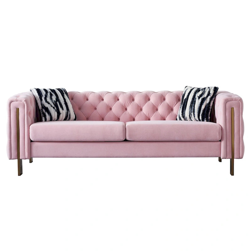 Canapé Chesterfield capitonné en velours avec pieds en métal doré
