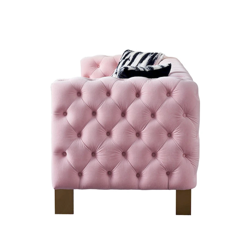 Canapé Chesterfield capitonné en velours avec pieds en métal doré