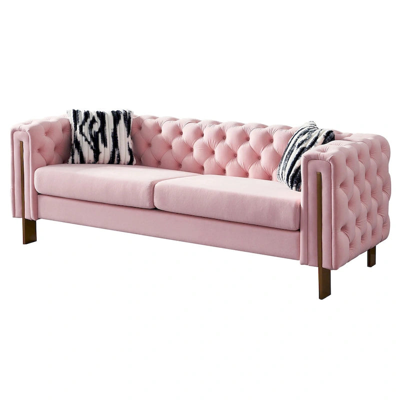 Canapé Chesterfield capitonné en velours avec pieds en métal doré