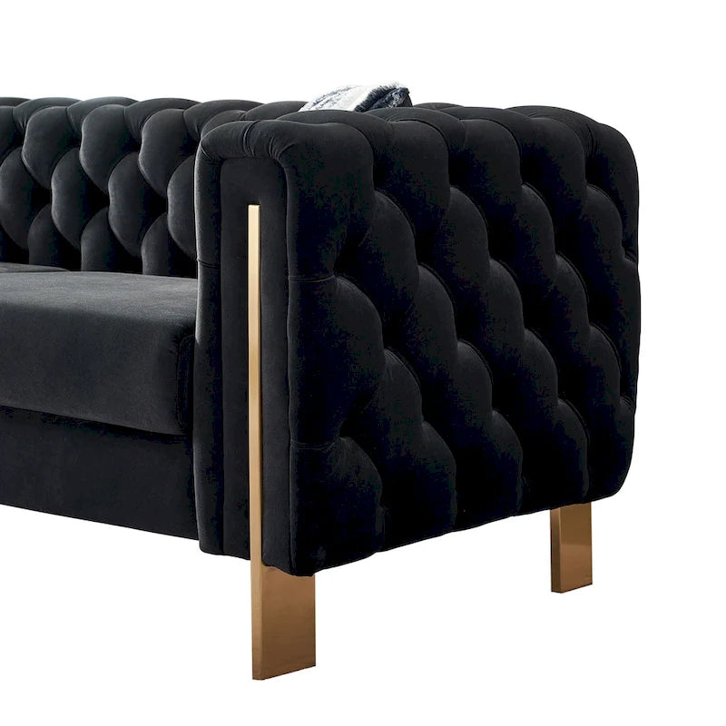 Canapé Chesterfield capitonné en velours avec pieds en métal doré