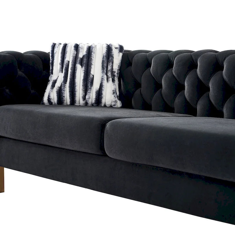 Canapé Chesterfield capitonné en velours avec pieds en métal doré