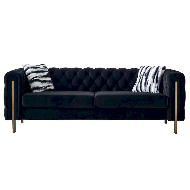 Canapé Chesterfield capitonné en velours avec pieds en métal doré