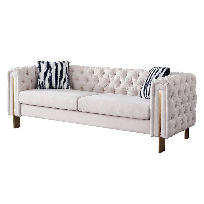 Canapé Chesterfield capitonné en velours avec pieds en métal doré