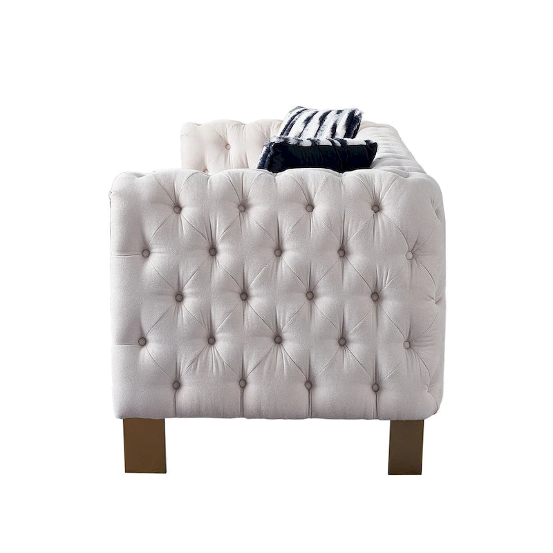 Canapé Chesterfield capitonné en velours avec pieds en métal doré