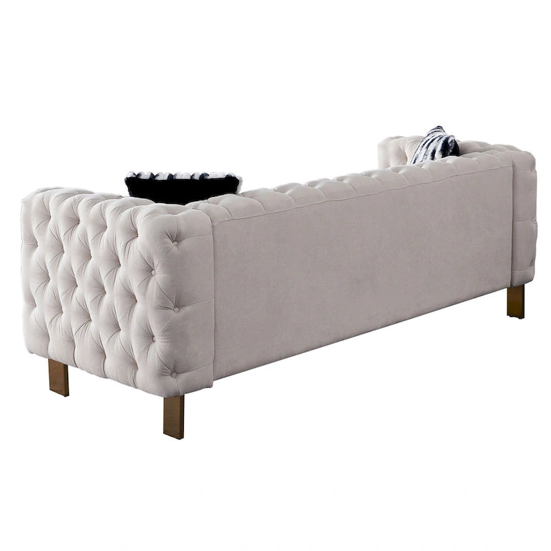 Canapé Chesterfield capitonné en velours avec pieds en métal doré