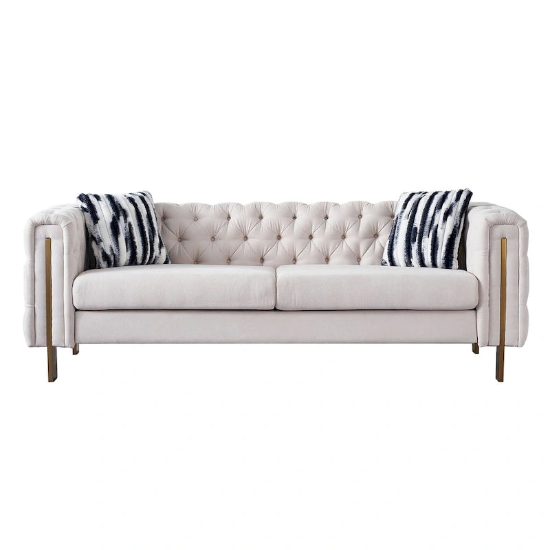 Canapé Chesterfield capitonné en velours avec pieds en métal doré