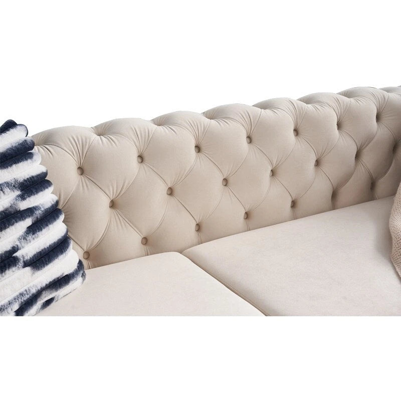 Canapé Chesterfield capitonné en velours avec pieds en métal doré
