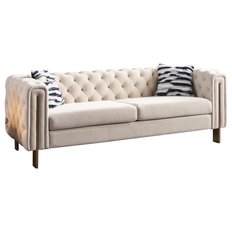 Canapé Chesterfield capitonné en velours avec pieds en métal doré