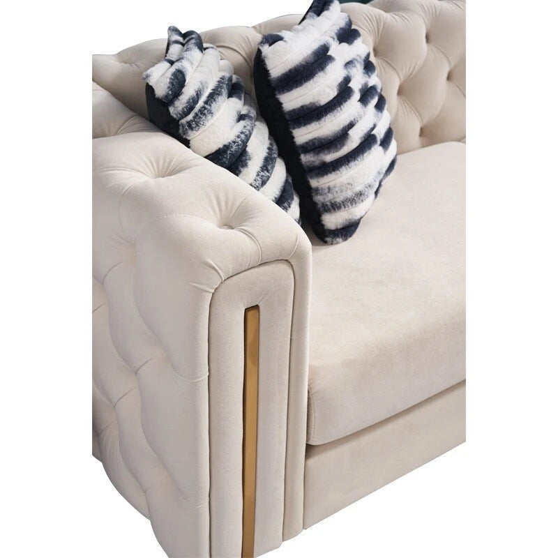 Canapé Chesterfield capitonné en velours avec pieds en métal doré