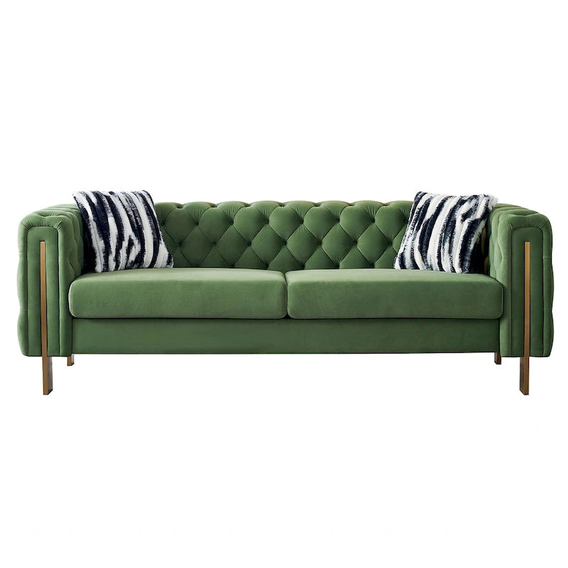 Canapé Chesterfield capitonné en velours avec pieds en métal doré