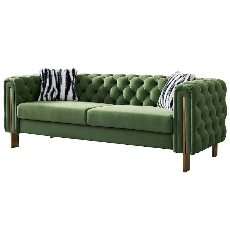 Canapé Chesterfield capitonné en velours avec pieds en métal doré