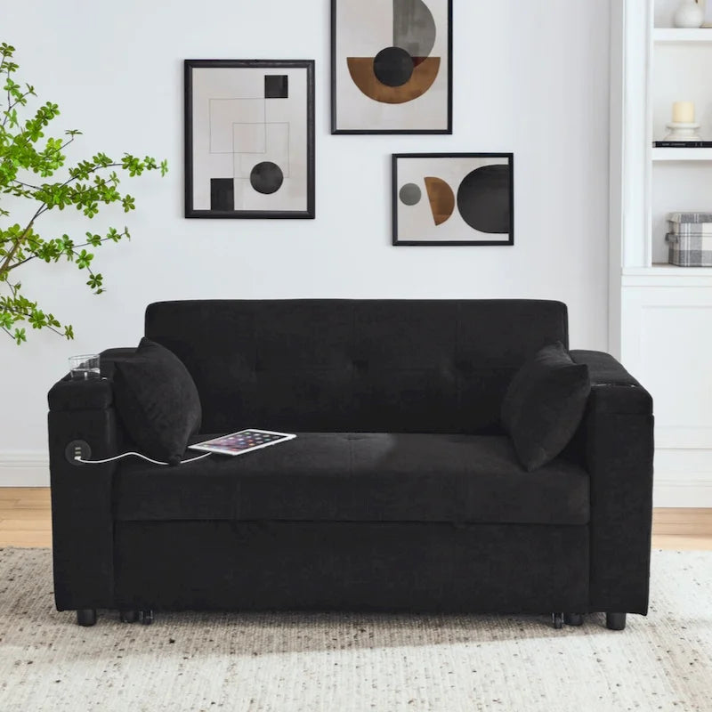 Canapé-lit gigogne en chenille avec accoudoirs de rangement, port USB, multicolore