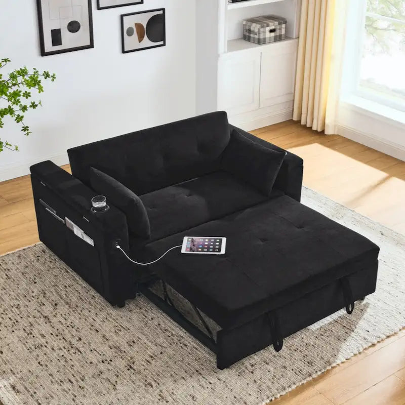 Canapé-lit gigogne en chenille avec accoudoirs de rangement, port USB, multicolore