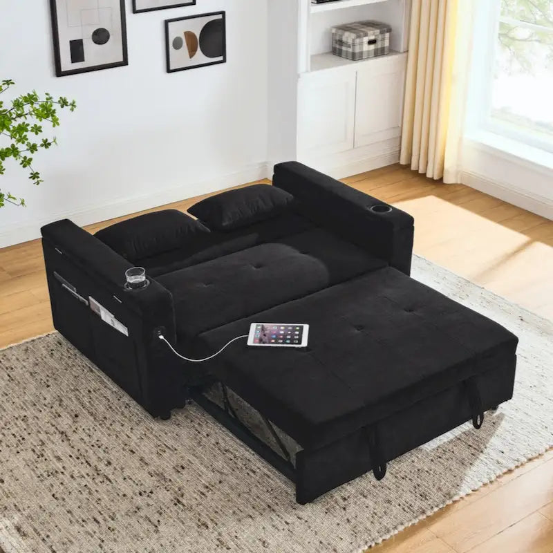 Canapé-lit gigogne en chenille avec accoudoirs de rangement, port USB, multicolore