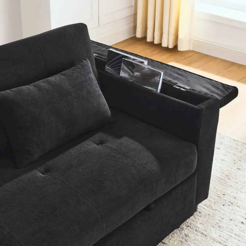 Canapé-lit gigogne en chenille avec accoudoirs de rangement, port USB, multicolore