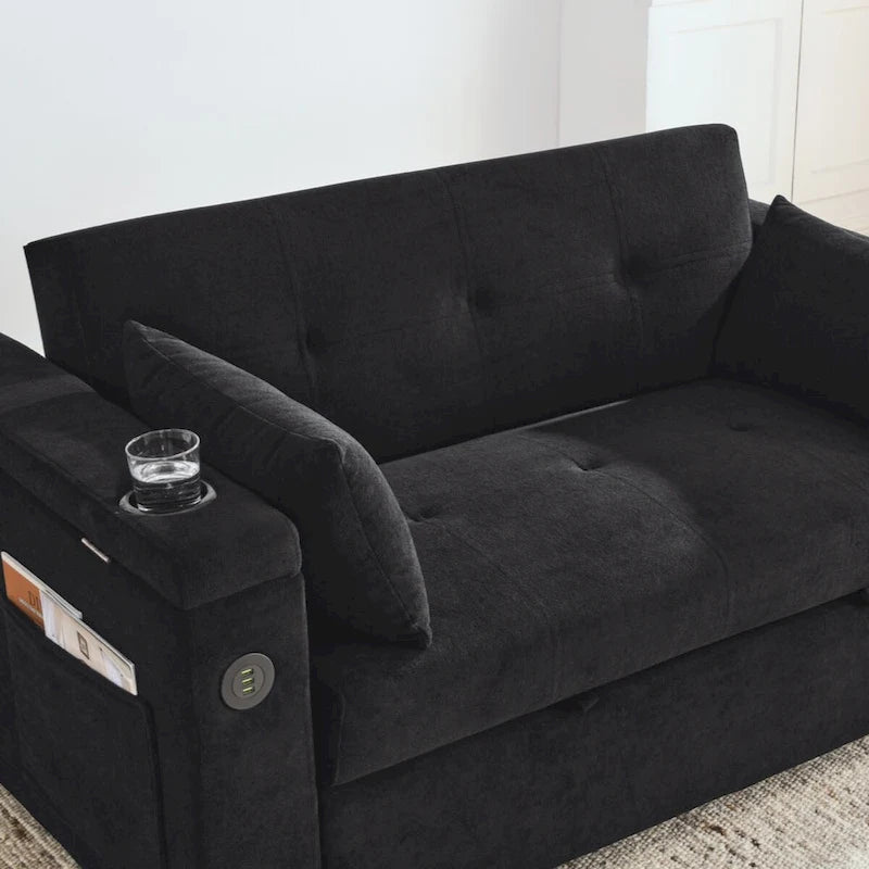 Canapé-lit gigogne en chenille avec accoudoirs de rangement, port USB, multicolore
