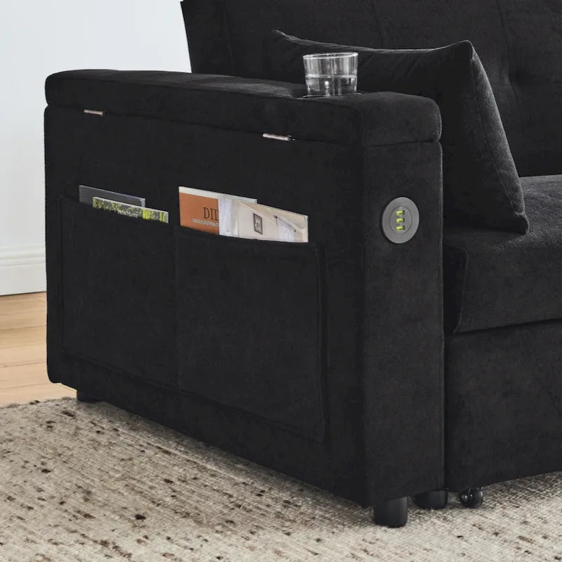Canapé-lit gigogne en chenille avec accoudoirs de rangement, port USB, multicolore