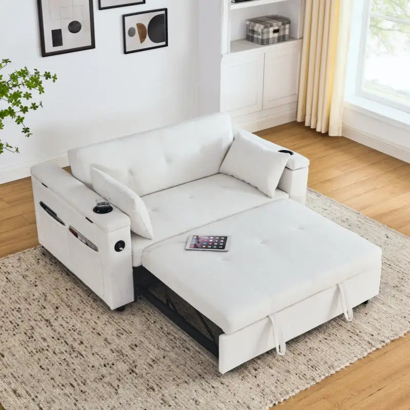 Canapé-lit gigogne en chenille avec accoudoirs de rangement, port USB, multicolore