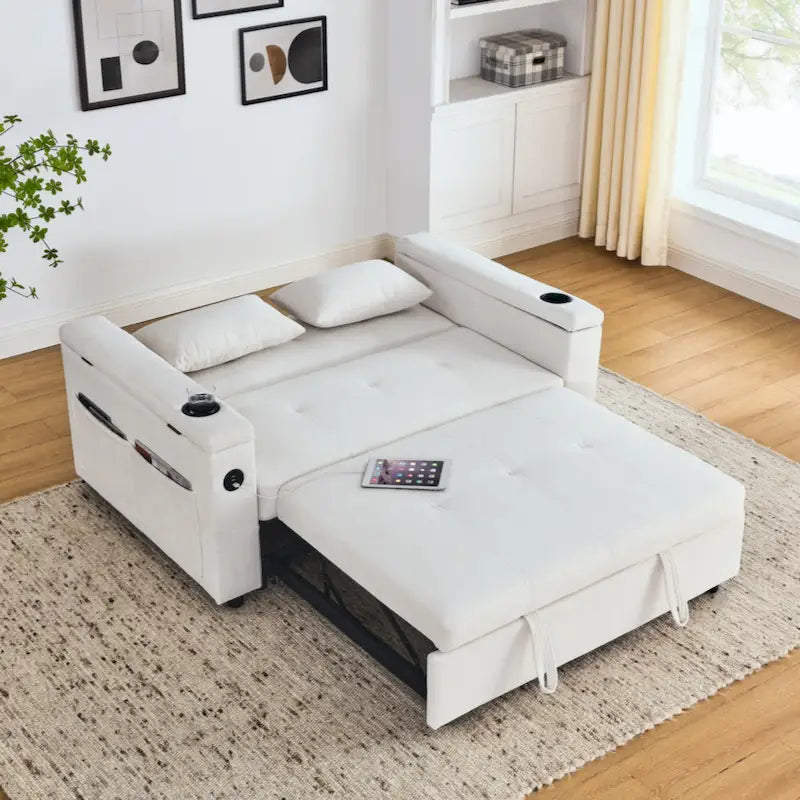 Canapé-lit gigogne en chenille avec accoudoirs de rangement, port USB, multicolore