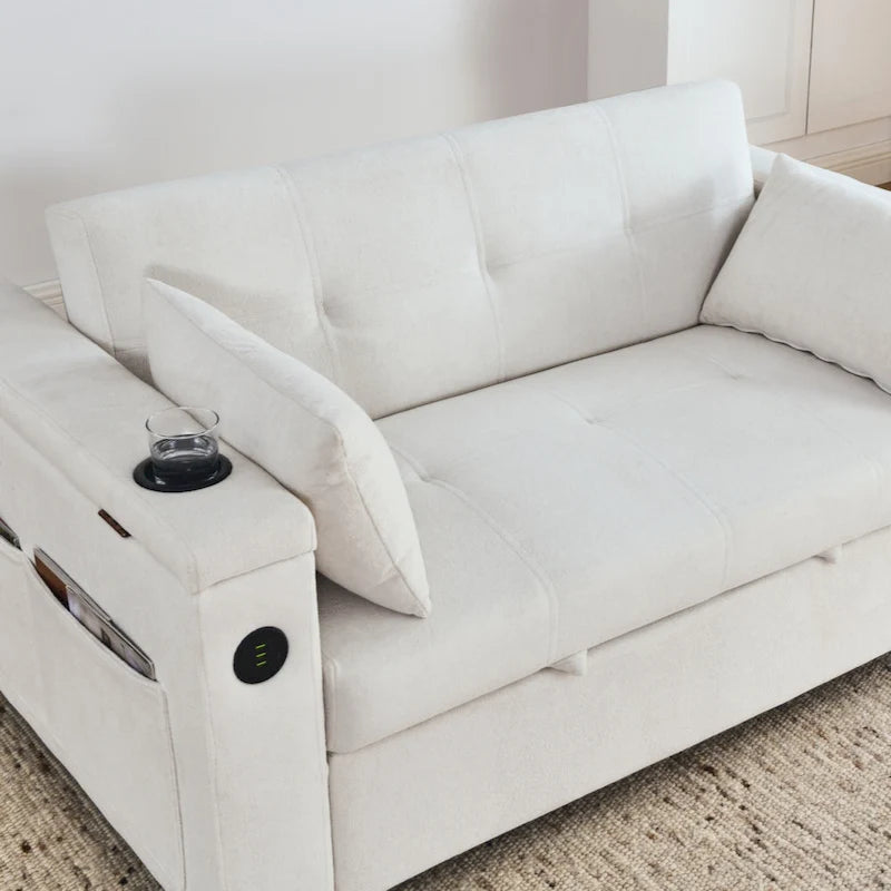 Canapé-lit gigogne en chenille avec accoudoirs de rangement, port USB, multicolore