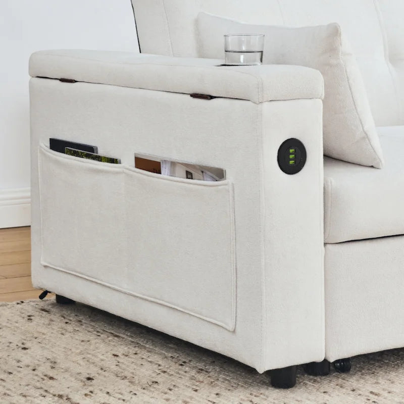 Canapé-lit gigogne en chenille avec accoudoirs de rangement, port USB, multicolore