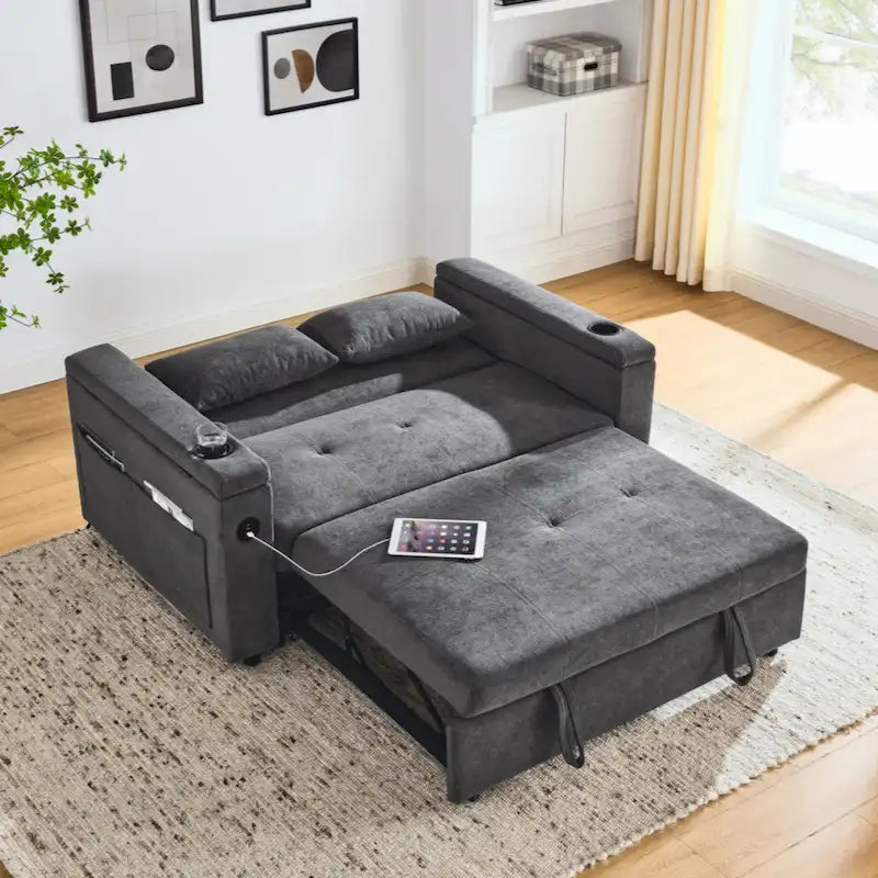 Canapé-lit gigogne en chenille avec accoudoirs de rangement, port USB, multicolore