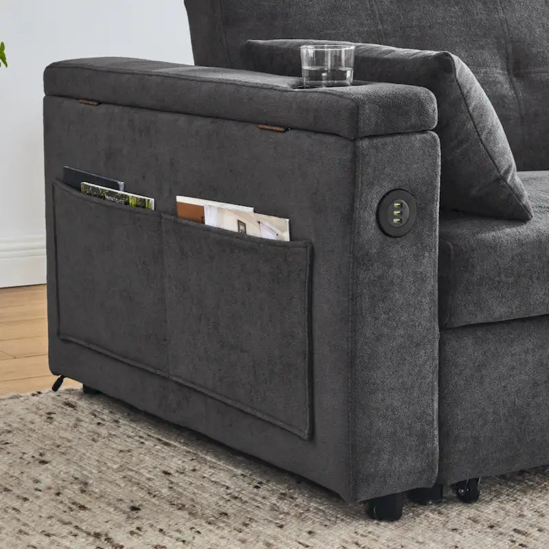 Canapé-lit gigogne en chenille avec accoudoirs de rangement, port USB, multicolore