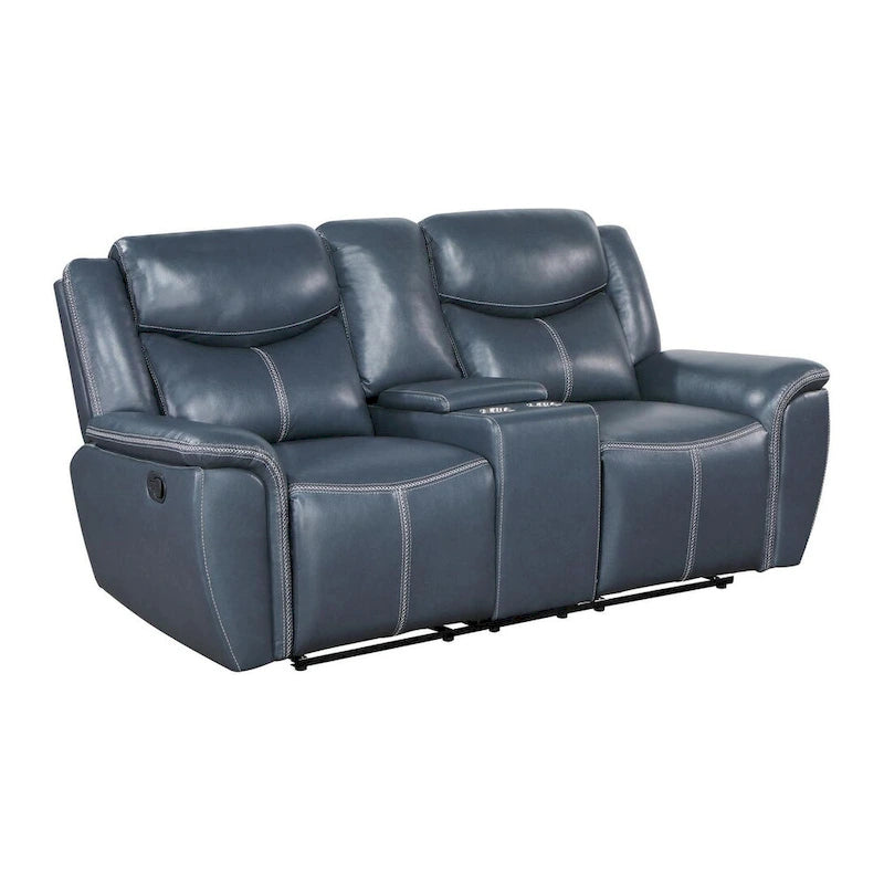 Causeuse inclinable en similicuir bleu marine avec console de rangement et porte-gobelets
