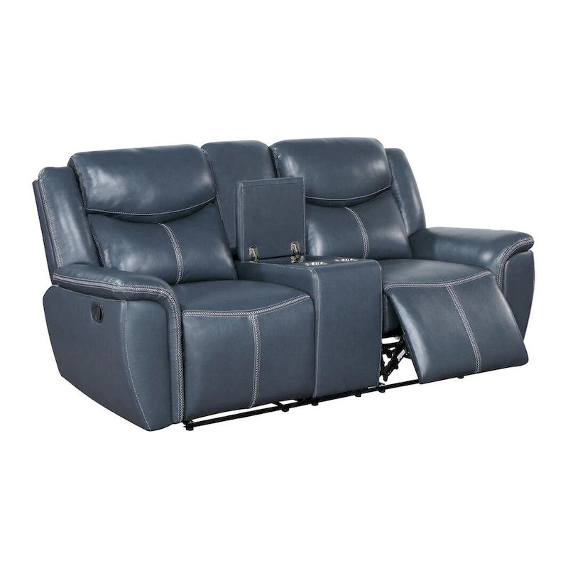 Causeuse inclinable en similicuir bleu marine avec console de rangement et porte-gobelets