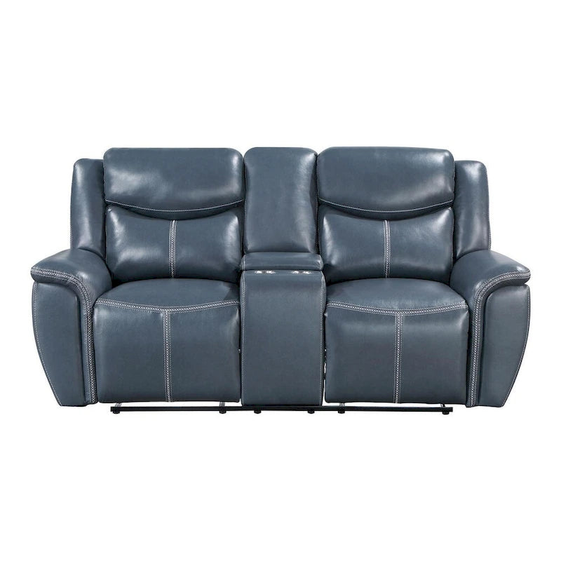 Causeuse inclinable en similicuir bleu marine avec console de rangement et porte-gobelets
