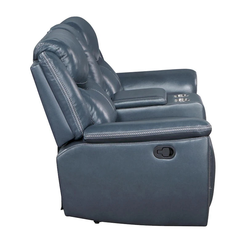 Causeuse inclinable en similicuir bleu marine avec console de rangement et porte-gobelets