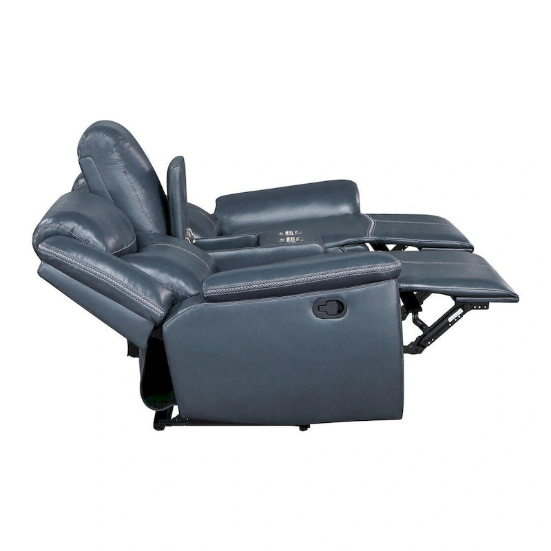 Causeuse inclinable en similicuir bleu marine avec console de rangement et porte-gobelets