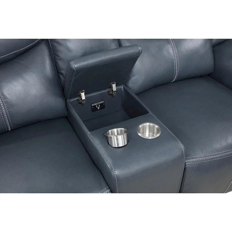 Causeuse inclinable en similicuir bleu marine avec console de rangement et porte-gobelets