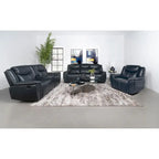 Causeuse inclinable en similicuir bleu marine avec console de rangement et porte-gobelets
