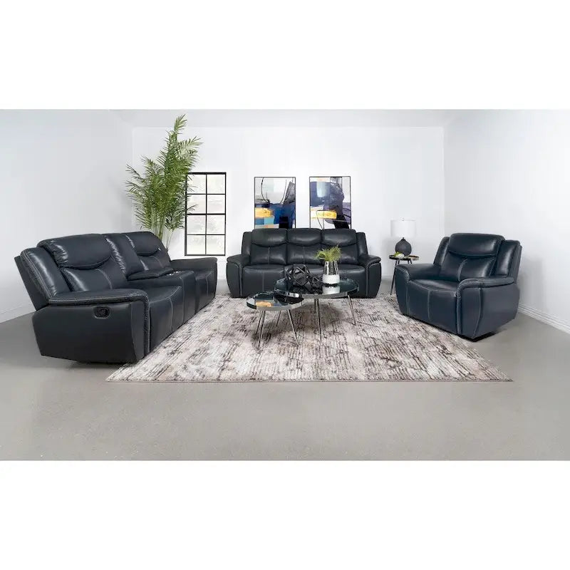 Causeuse inclinable en similicuir bleu marine avec console de rangement et porte-gobelets