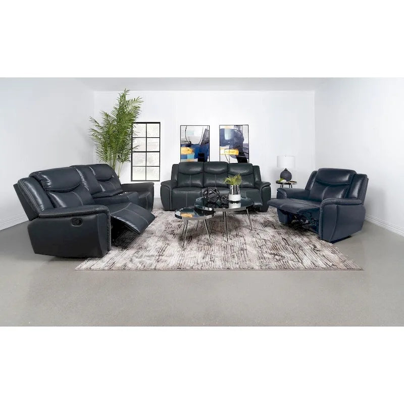 Causeuse inclinable en similicuir bleu marine avec console de rangement et porte-gobelets