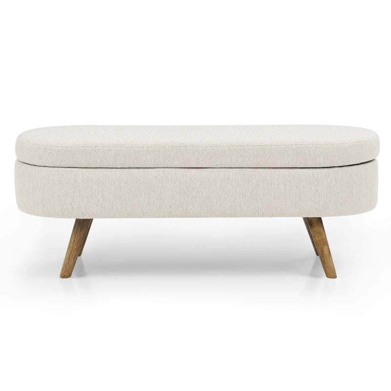Banc de rangement ovale en lin avec pieds en bois d'hévéa Gris Blanc Beige