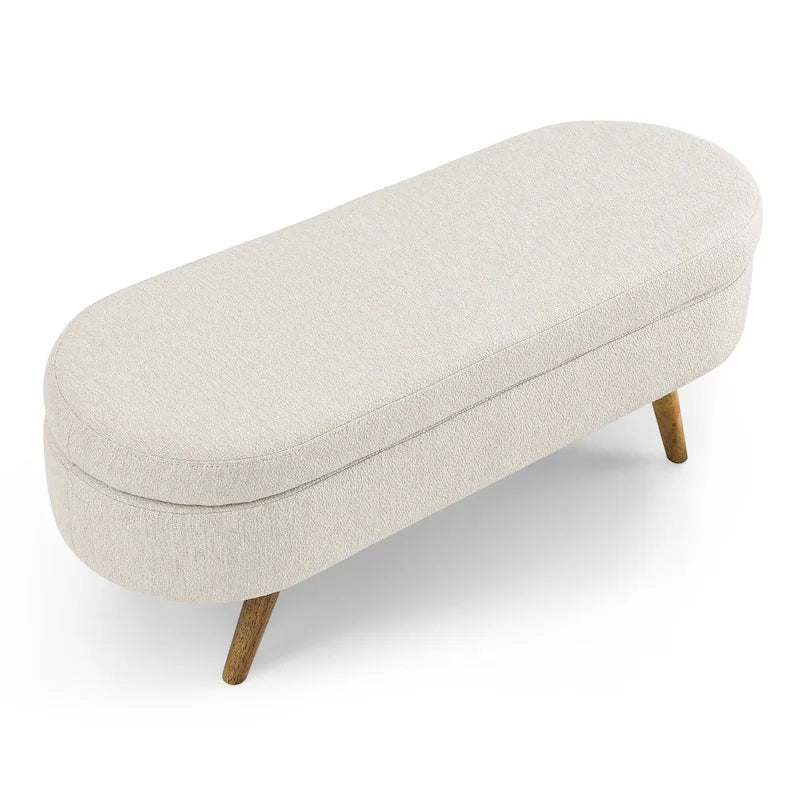 Banc de rangement ovale en lin avec pieds en bois d'hévéa Gris Blanc Beige
