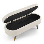 Banc de rangement ovale en lin avec pieds en bois d'hévéa Gris Blanc Beige
