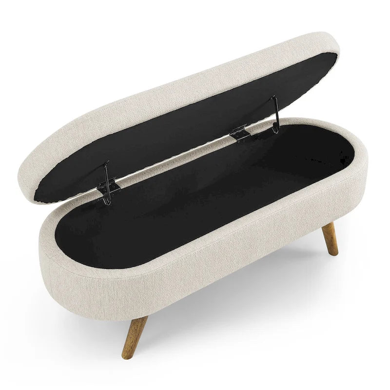 Banc de rangement ovale en lin avec pieds en bois d'hévéa Gris Blanc Beige