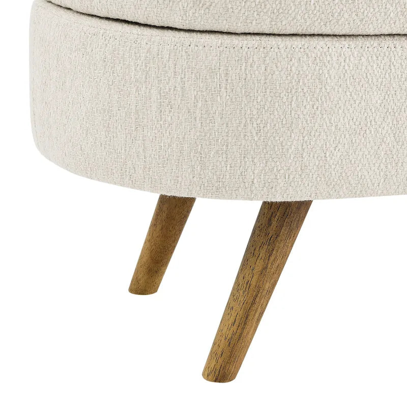 Banc de rangement ovale en lin avec pieds en bois d'hévéa Gris Blanc Beige