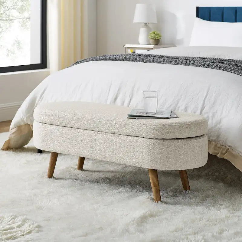 Banc de rangement ovale en lin avec pieds en bois d'hévéa Gris Blanc Beige