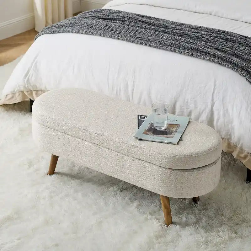 Banc de rangement ovale en lin avec pieds en bois d'hévéa Gris Blanc Beige