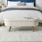 Banc de rangement ovale en lin avec pieds en bois d'hévéa Gris Blanc Beige