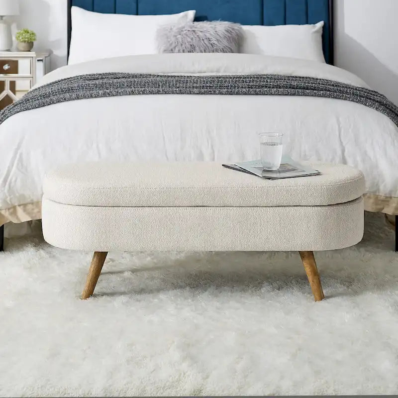 Banc de rangement ovale en lin avec pieds en bois d'hévéa Gris Blanc Beige