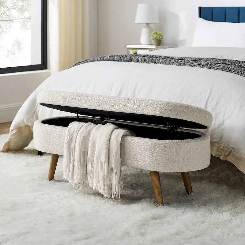 Banc de rangement ovale en lin avec pieds en bois d'hévéa Gris Blanc Beige