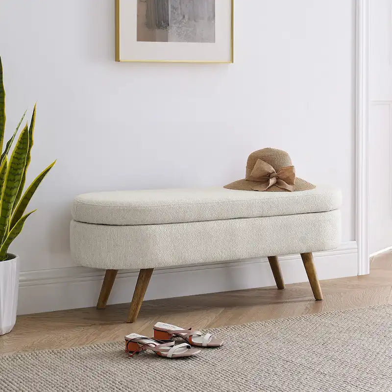 Banc de rangement ovale en lin avec pieds en bois d'hévéa Gris Blanc Beige