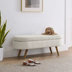 Banc de rangement ovale en lin avec pieds en bois d'hévéa Gris Blanc Beige