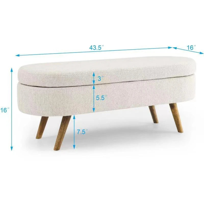 Banc de rangement ovale en lin avec pieds en bois d'hévéa Gris Blanc Beige